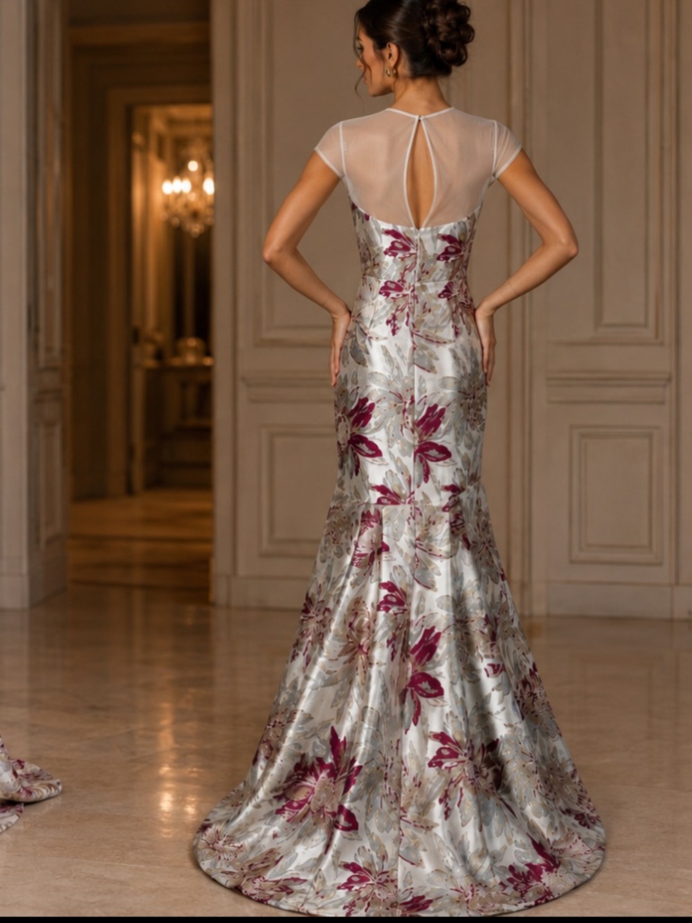 Aidan Mattox jacquard short sleeve mesh top long gown - Picture 17 of 17